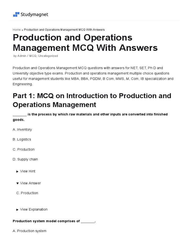Production and Operations Management MCQ With Answers PDF