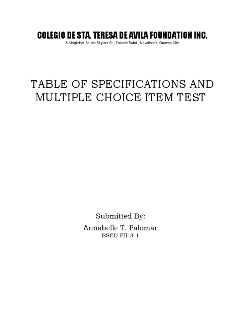 Assessment in Learning 1 (TOS) | PDF
