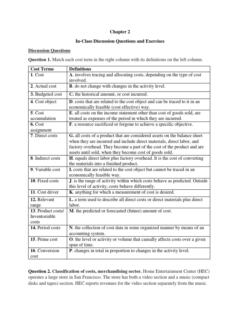Discussion Questions Question 1. Match Each Cost Term in The Right