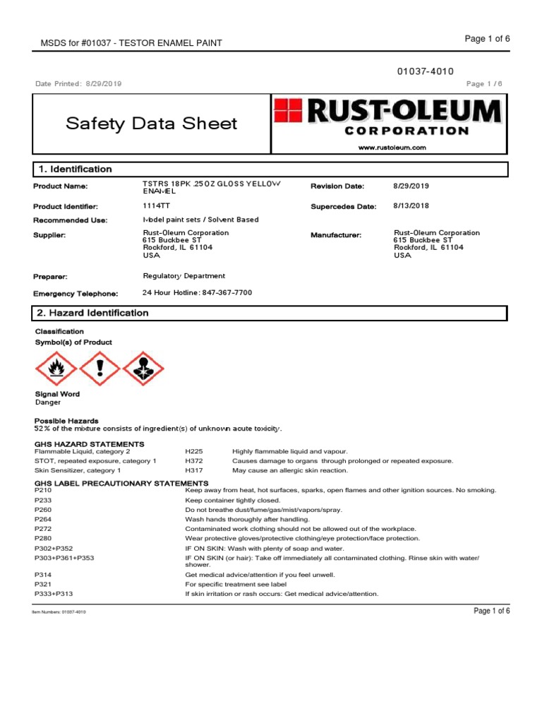 Safety Data Sheet Page 1 of 6 Msds For 01037 Testor Enamel Paint