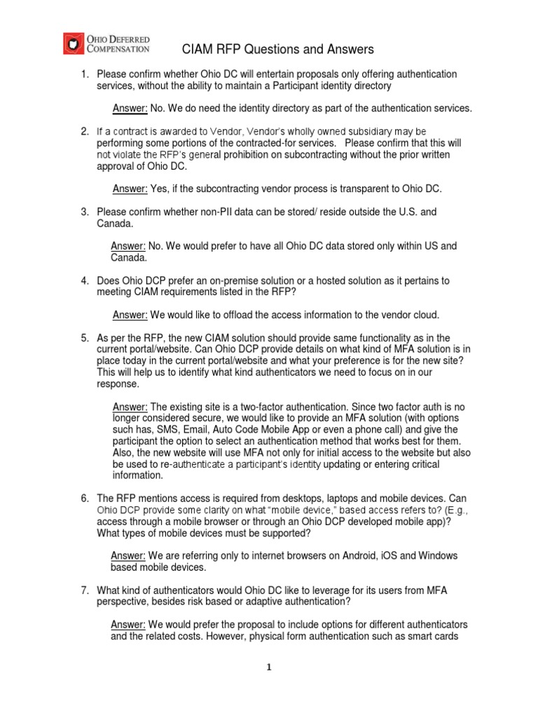 Ohio DC CIAM RFP Questions and Answers | PDF | Authentication ...