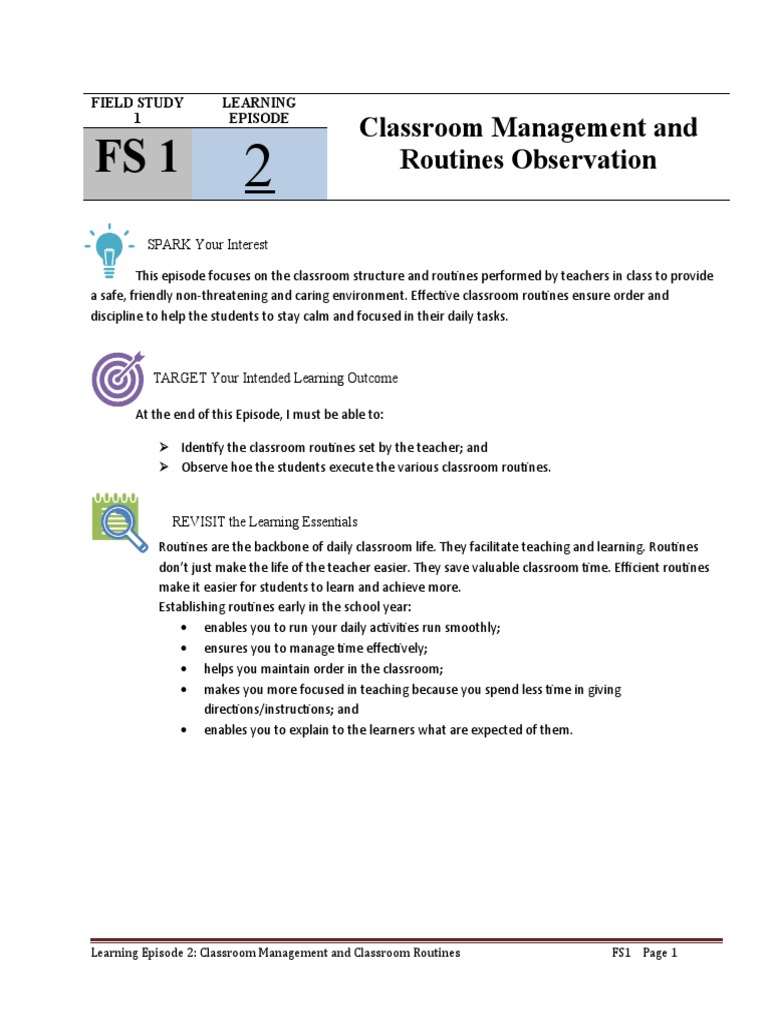 Classroom Management Routines in FS1 | PDF | Classroom | Classroom ...