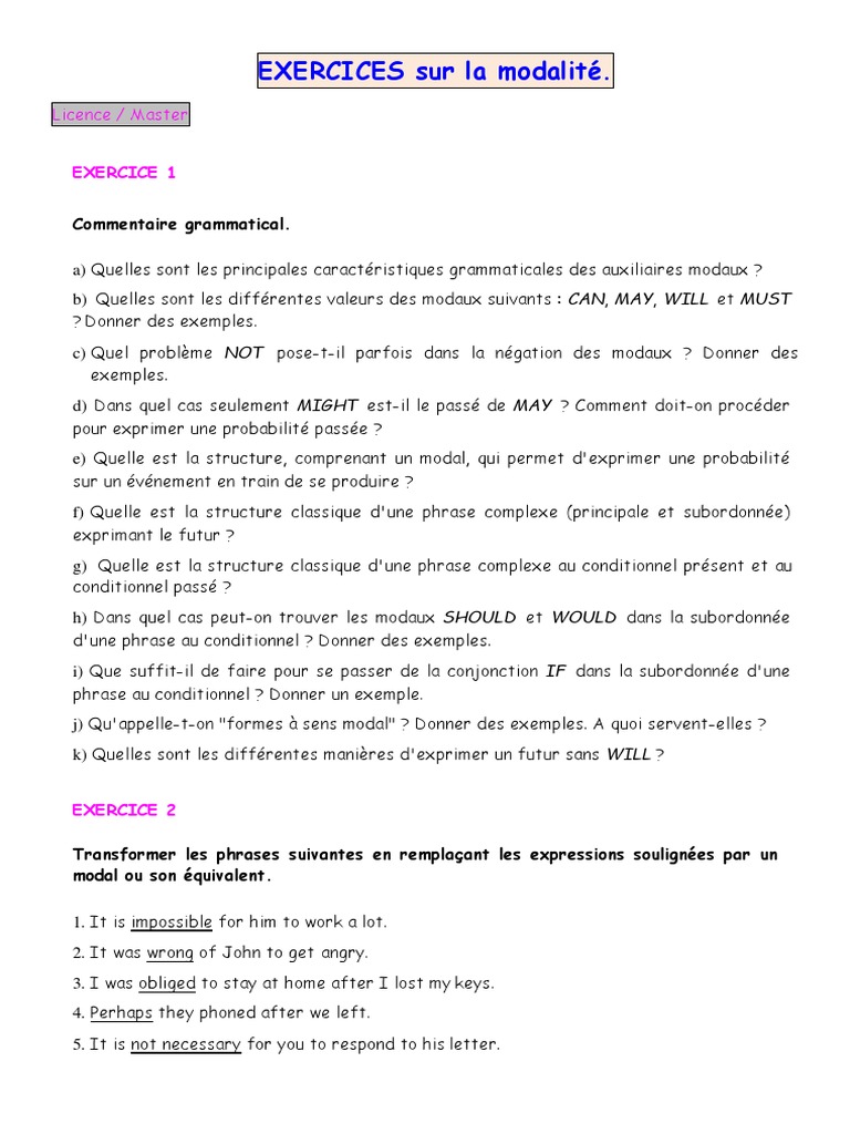 Exercices sur la modalité en français | PDF | Mécanique du langage ...