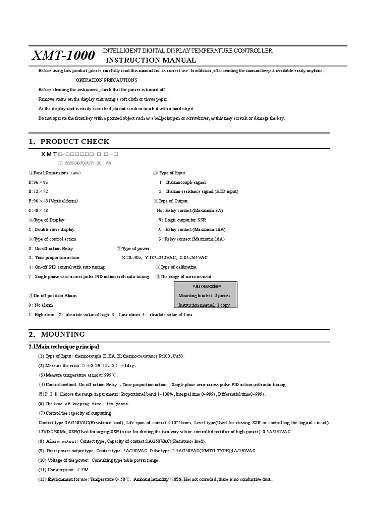 XMT-1000 Temperature Controller Manual | PDF | Relay | Thermocouple