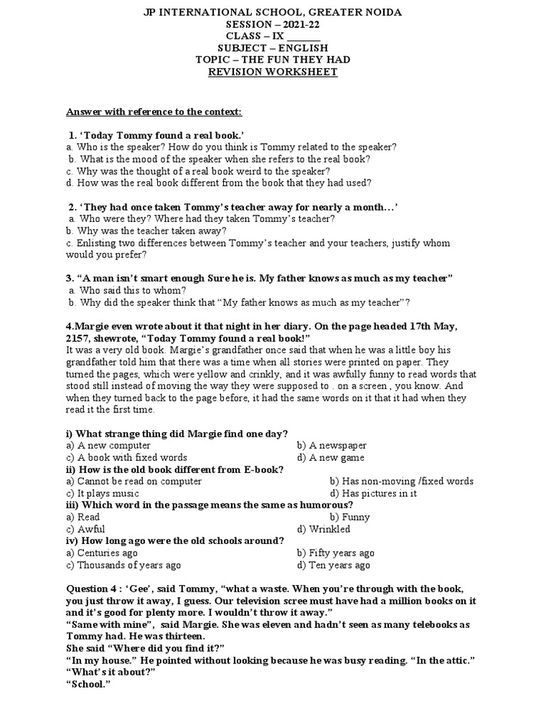 Ch 1 the fun they had rtc mcq pdf books teachers