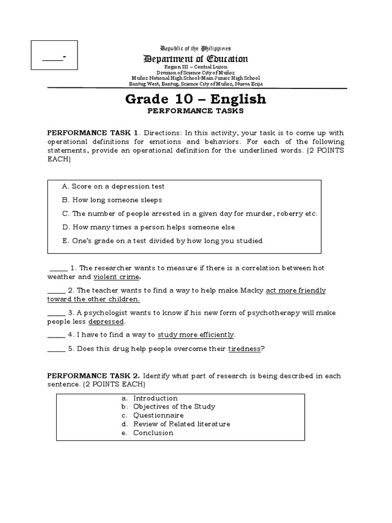 Grade 10 English Performance Tasks | PDF | Psychology | Behavioural ...