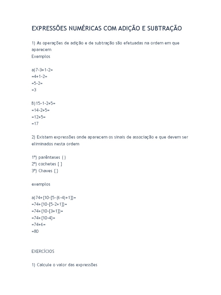Expressões Numéricas: Adição e Subtração | PDF | Matemática | Aritmética
