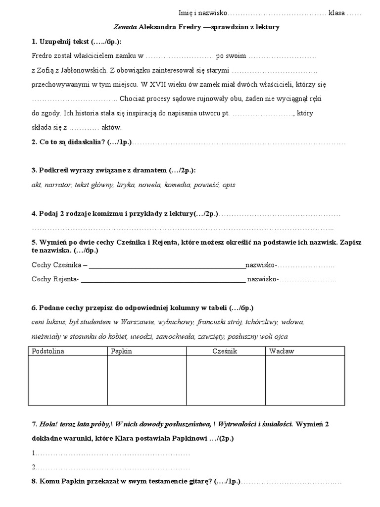 Sprawdzian Z Zemsty Klasa 7