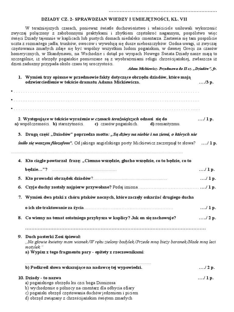 Dziady Cz 2 Sprawdzian Wsip DZIADY CZ 2 Sprawdzian | PDF