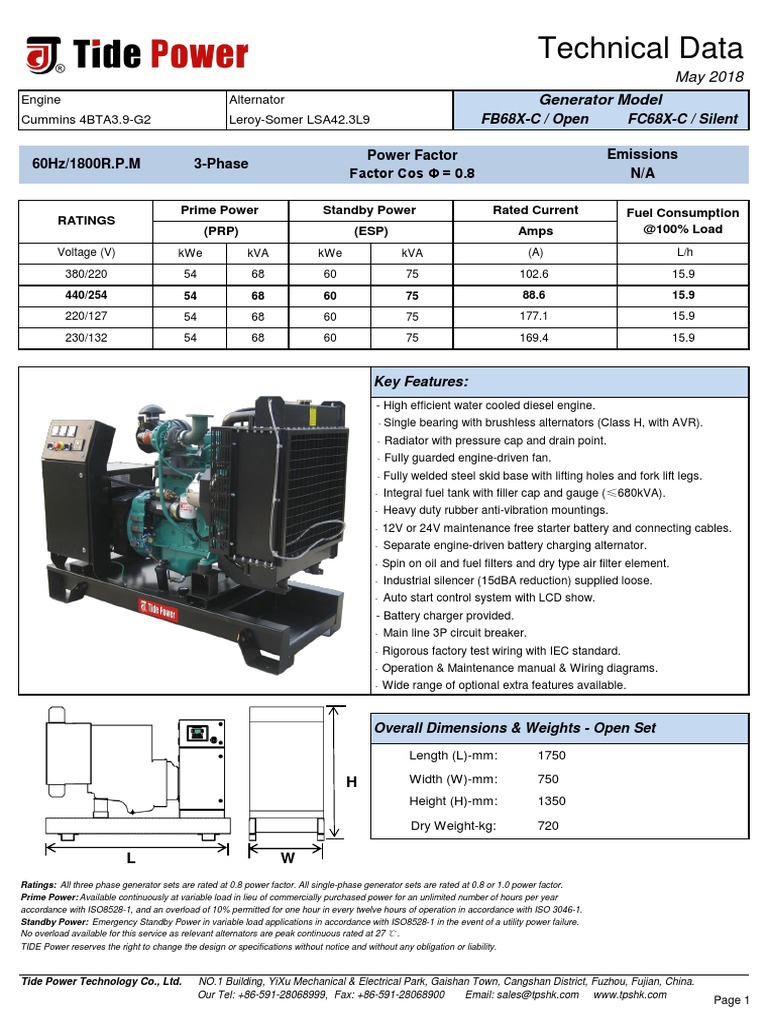 Technical data 60hz 1800r p m 3 phase power factor factor cos 0 8
