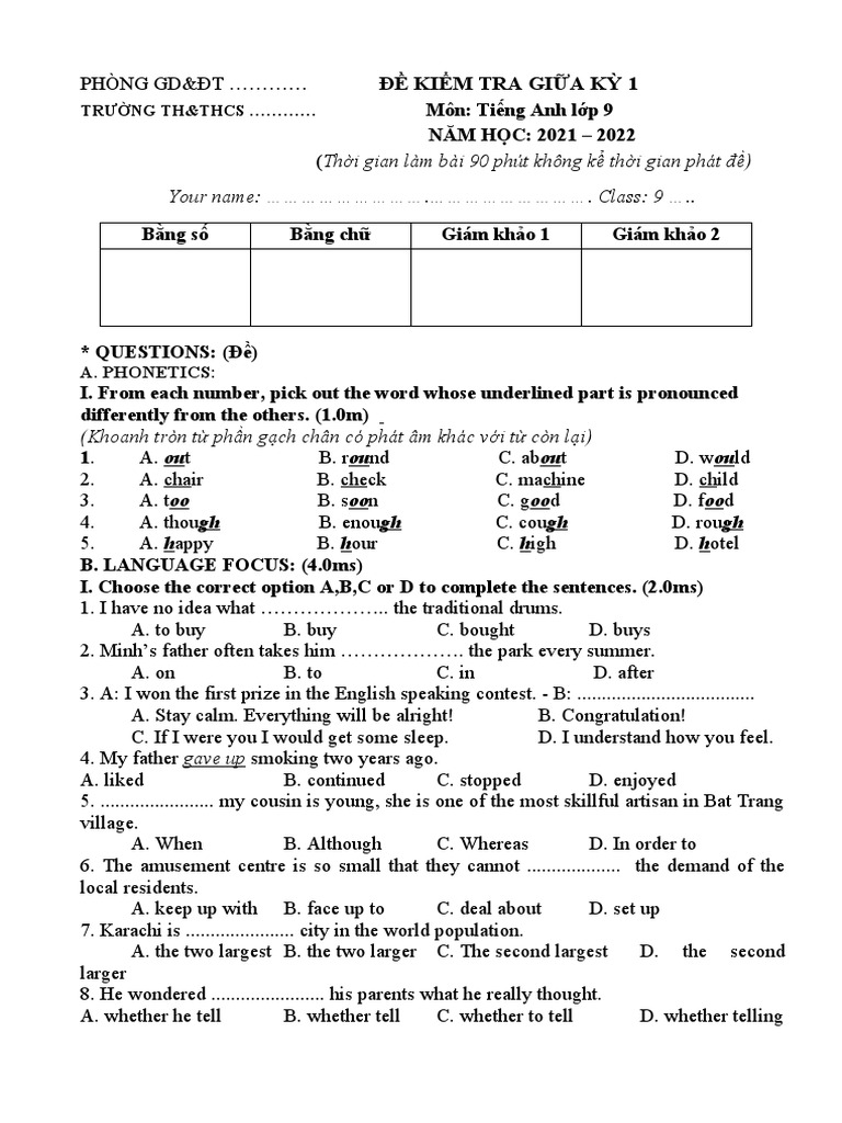 English Test for Grade 9 Students | PDF | Vietnam