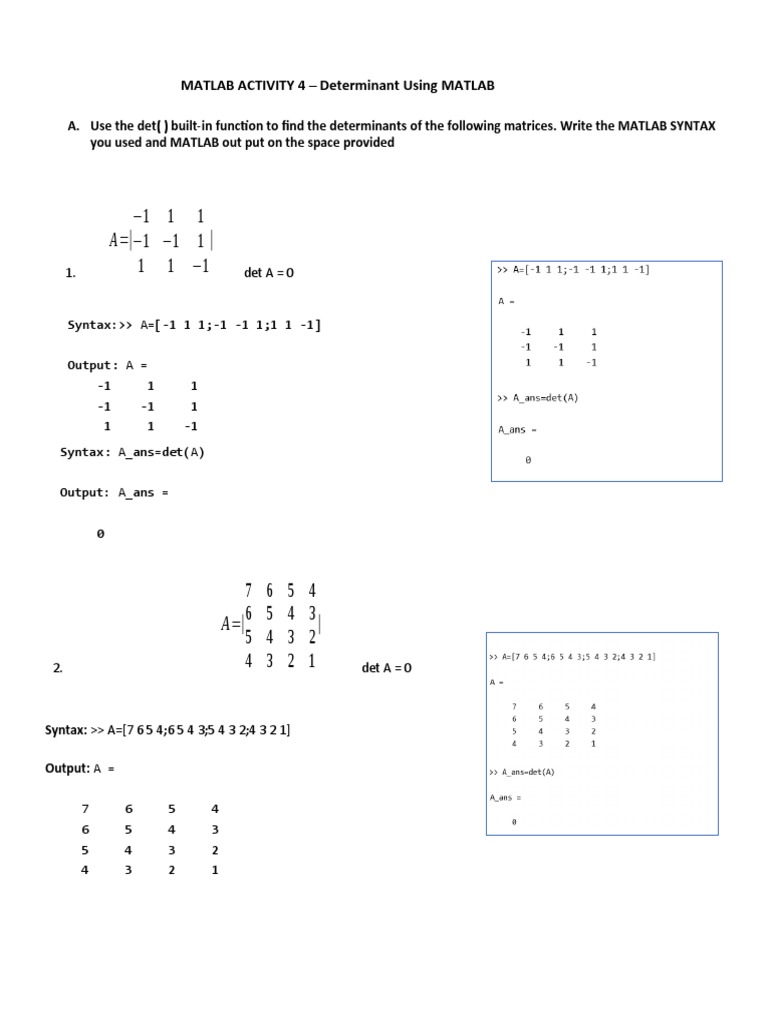 MATLAB ACTIVITY 4 - Determinant Using MATLAB | PDF | Matrix ...