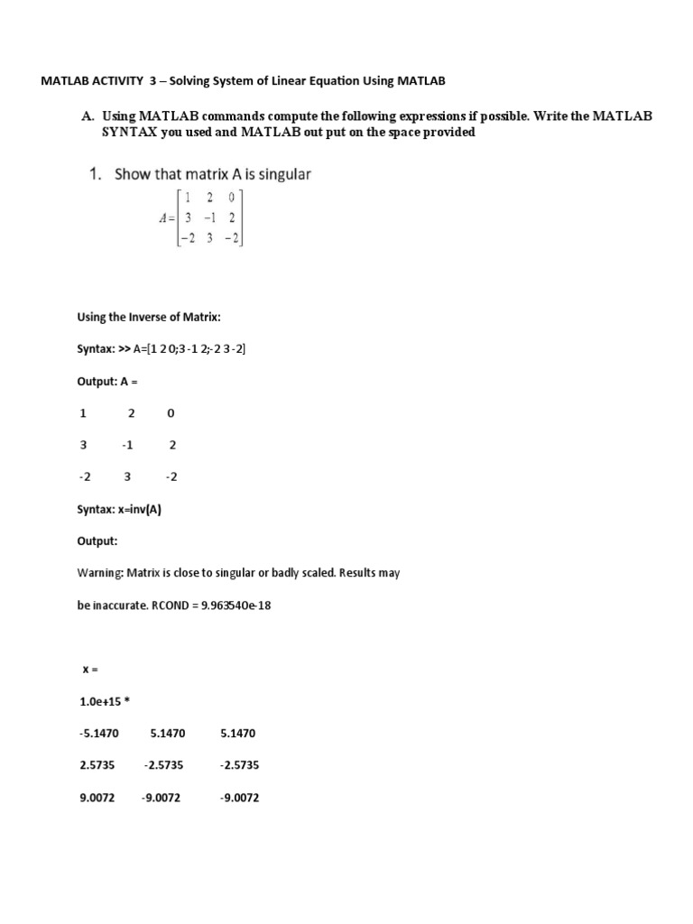 Matlab Activity 3 - Ollong | PDF | Matlab | Matrix (Mathematics)