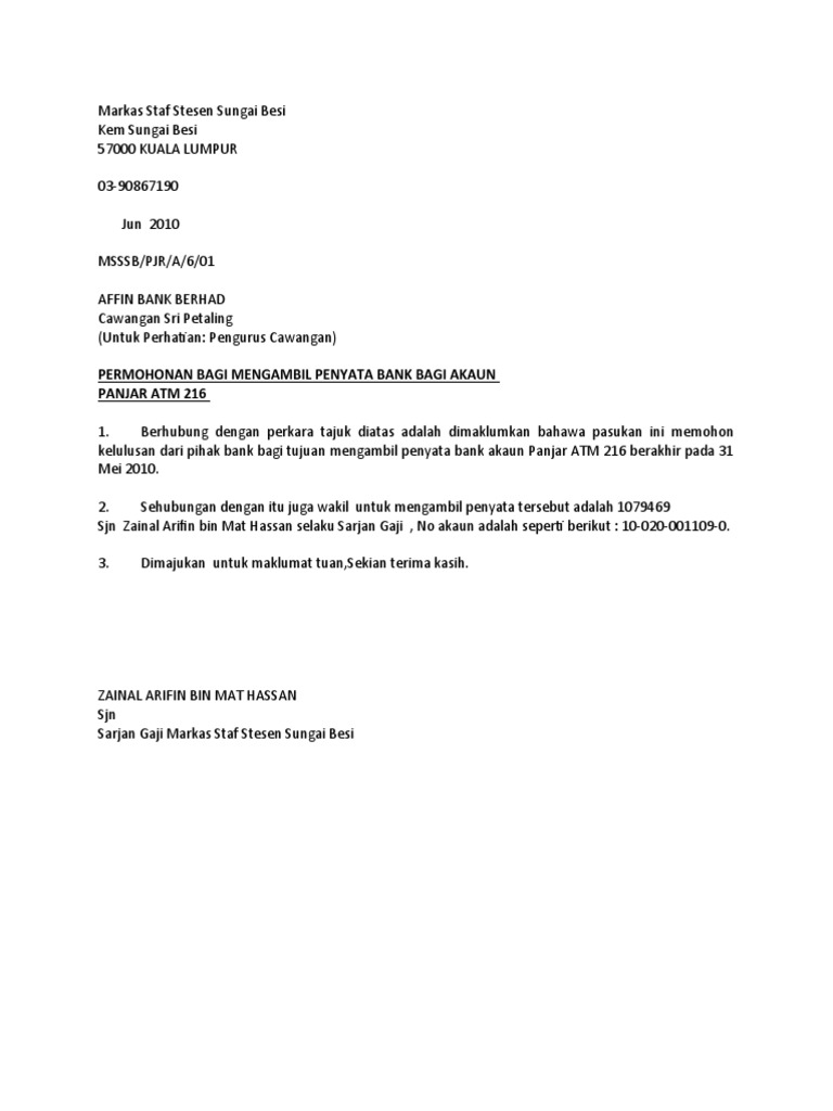 Contoh Surat Permohonan Penyata Bank Cimb