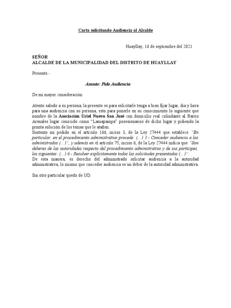 Carta Solicitando Audiencia Al Alcalde | PDF