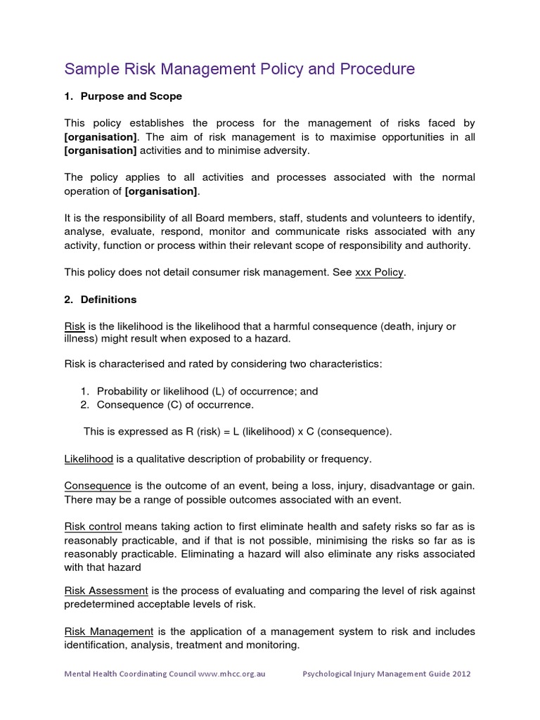 Risk Management Policy Guide 2012 | PDF | Occupational Safety And ...