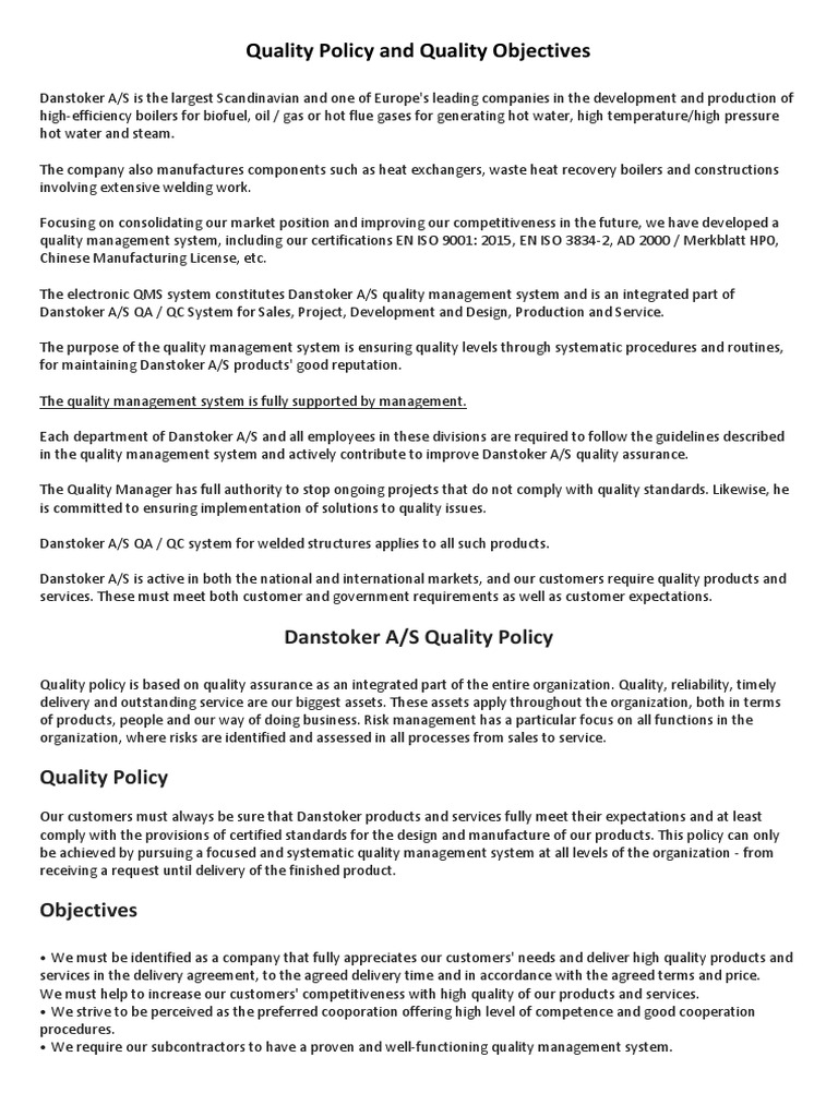 Quality Policy and Quality Objectives PDF Quality Management System