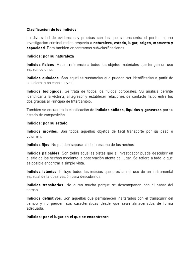 Clasificación de Indicios en Criminalística | PDF | Ciencias sociales ...