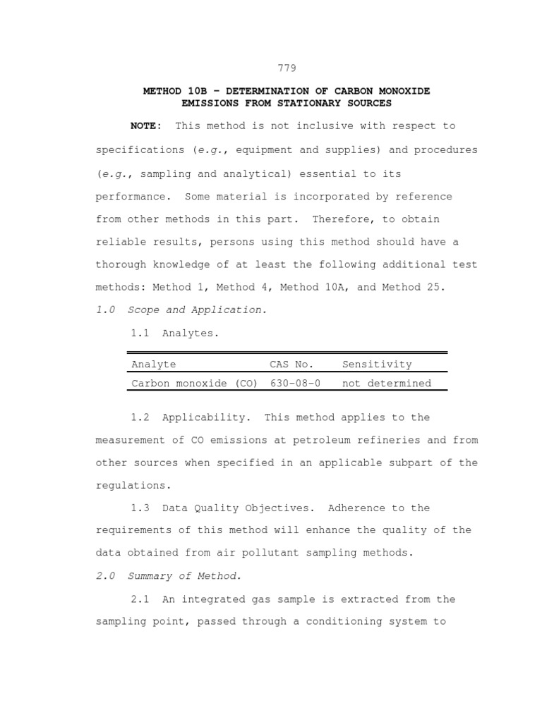 Method 10B Determination of Carbon Monoxide Emissions From Stationary