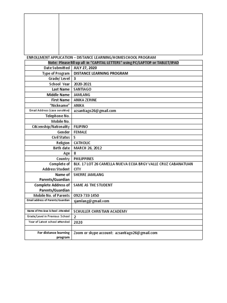 Application Form Homeschooling | PDF