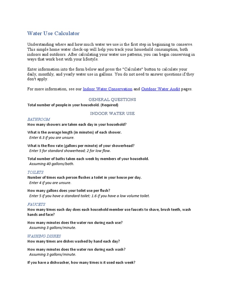Water Use Calculator PDF Shower Water