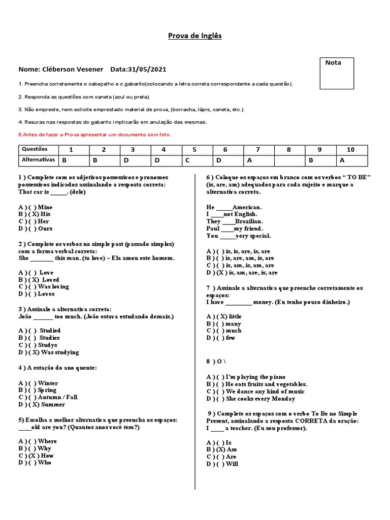 Prova de Inglês: Questões e Gabarito | PDF