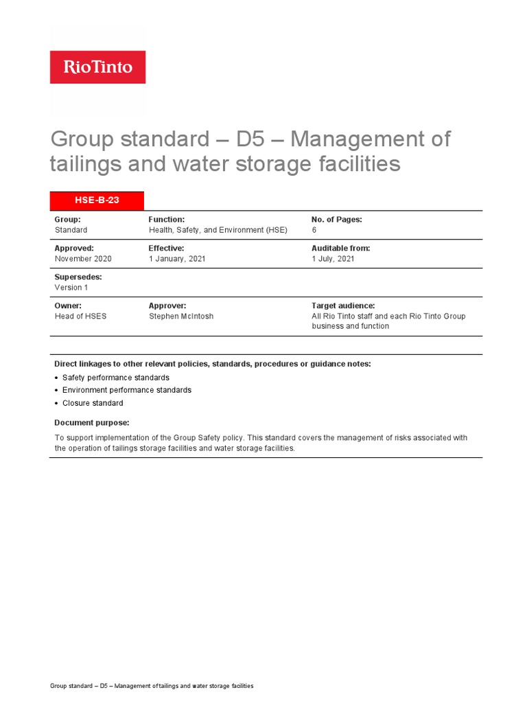Tailings and Water Storage Management Standard | PDF | Risk Assessment ...