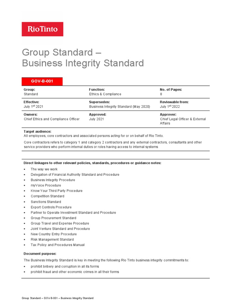 Business Integrity Standard GOV-B-001 | PDF | Conflict Of Interest ...