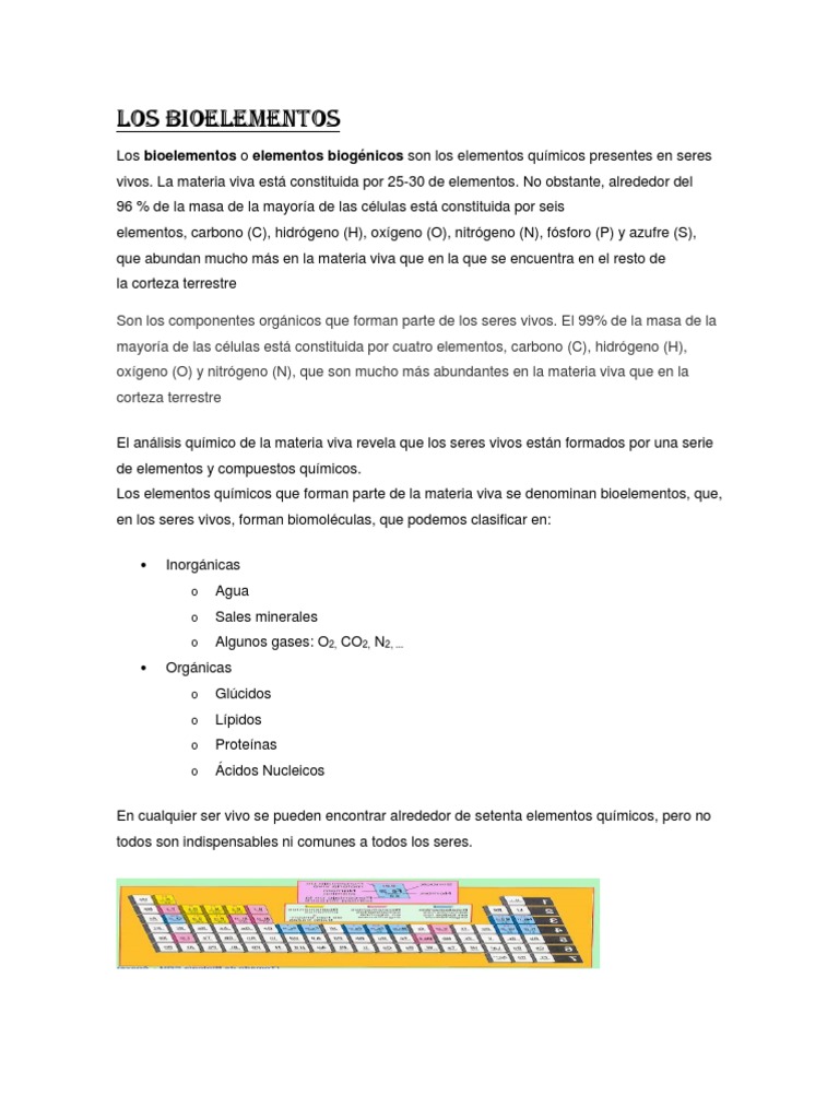 Los Bioelementos | PDF | Biomoléculas | Compuestos orgánicos