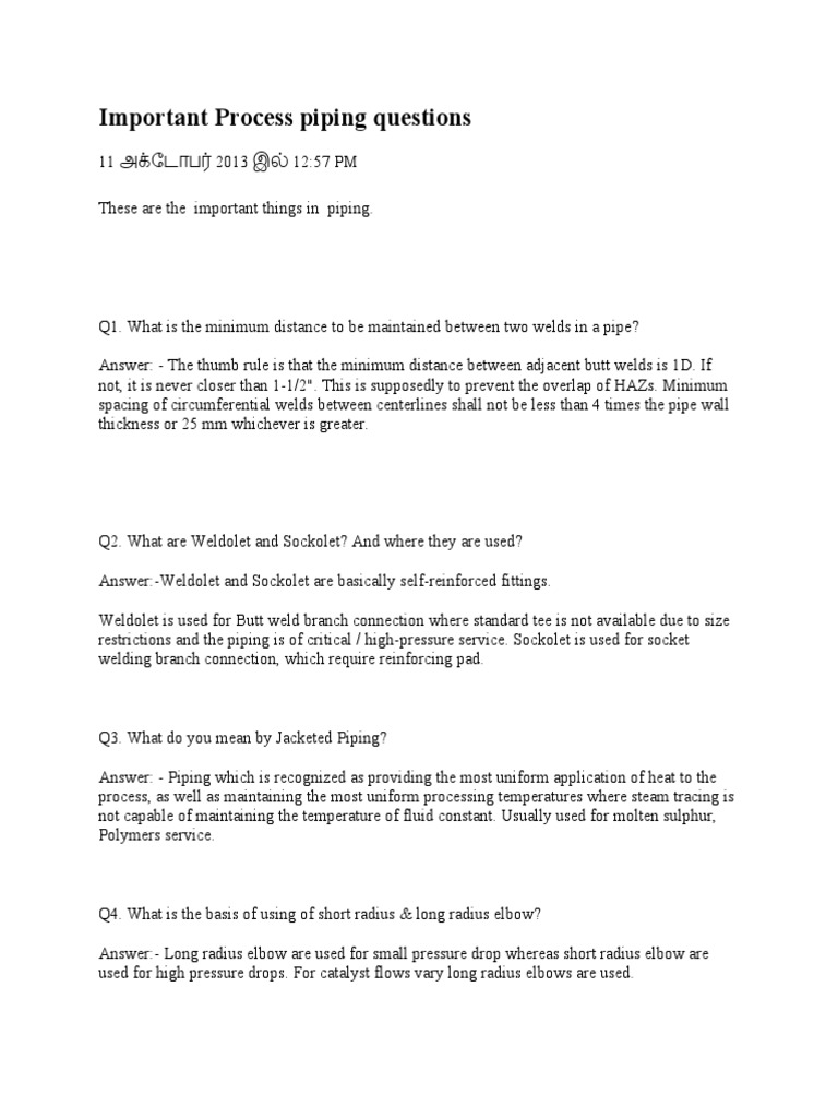 Important Process Piping Questions PDF Pipe (Fluid Conveyance