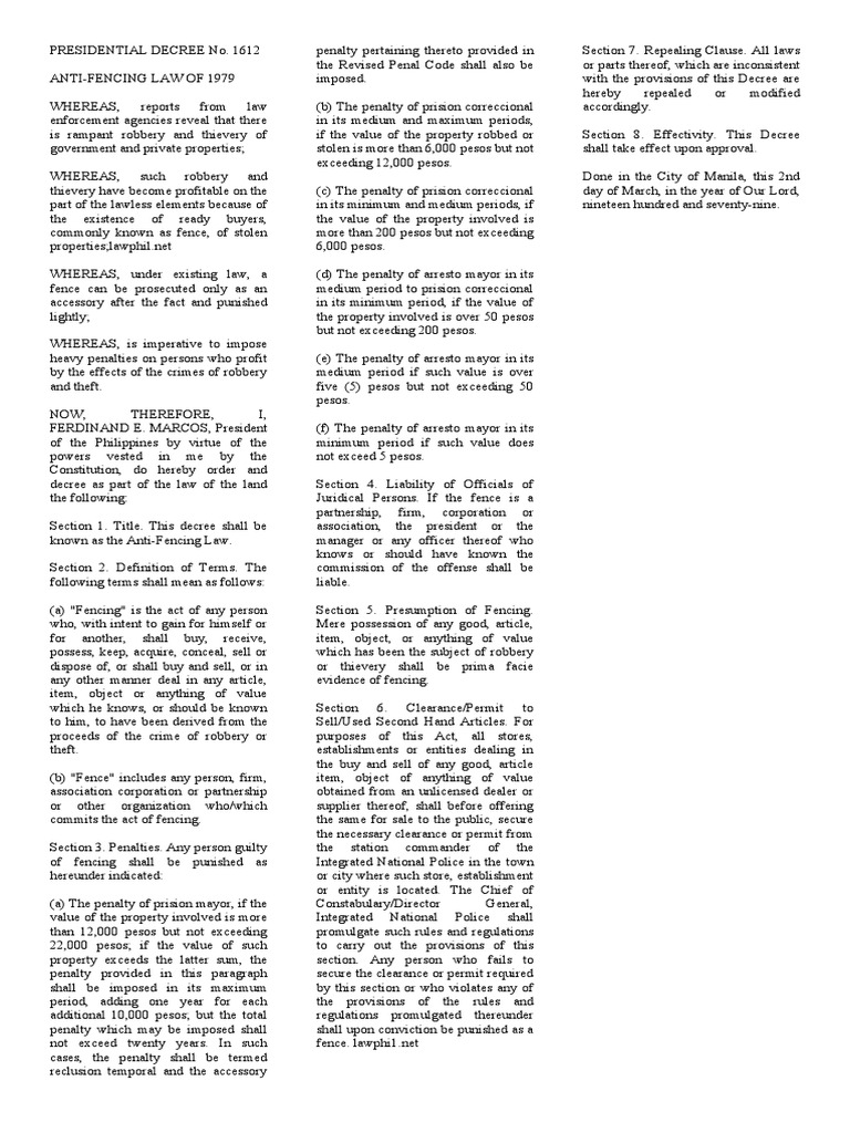 Anti Fencing Law PD1612 PDF Theft Criminal Justice