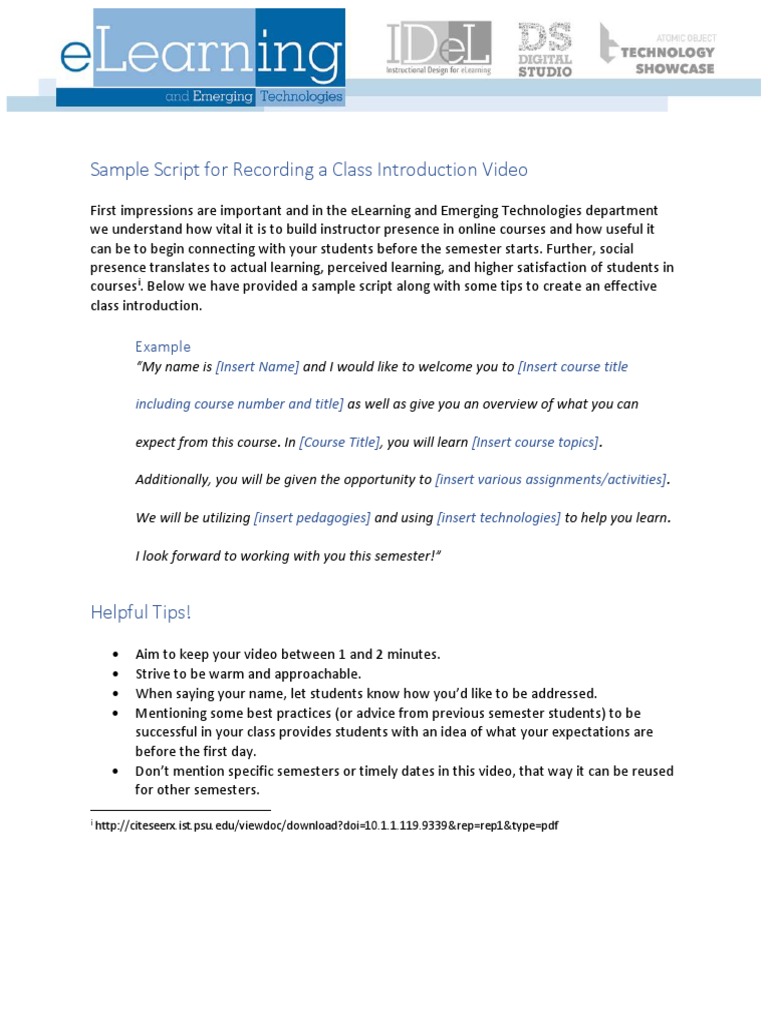 Class Introduction Video Script Sample | PDF | Business | Art
