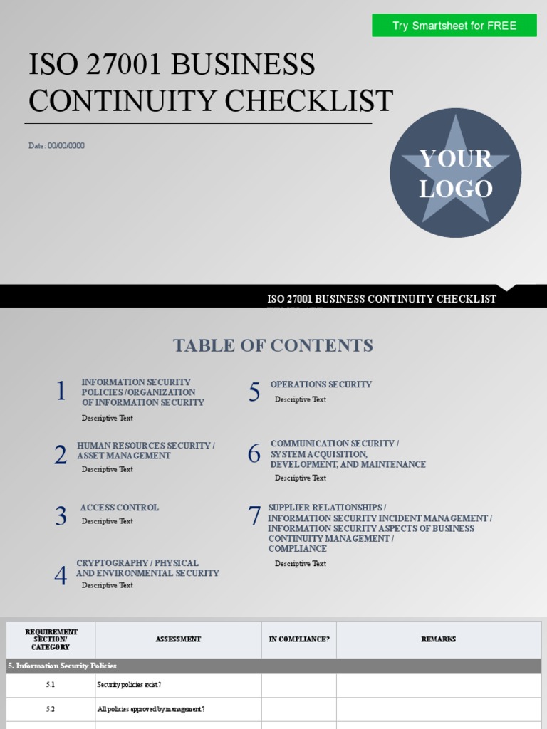 Iso 27001 Business Continuity Checklist: Your Logo | PDF | Information