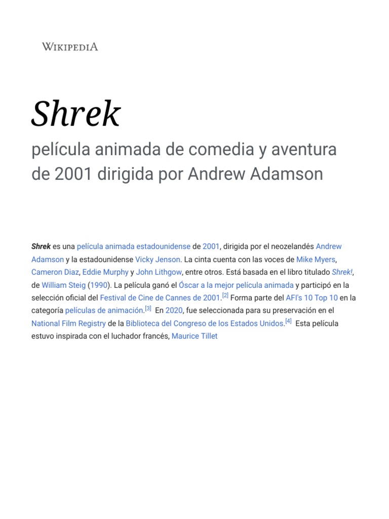 Todas Las Criaturas Grandes Y Pequeñas Serie Wikipedia Shrek - Wikipedia, La Enciclopedia | PDF