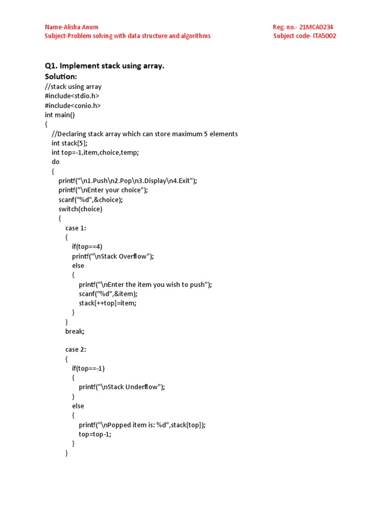 Q1. Implement Stack Using Array. Solution | Download Free PDF ...
