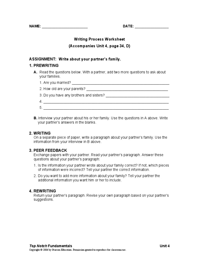 Writing Process Worksheet (Accompanies Unit 4, Page 34, D) ASSIGNMENT ...