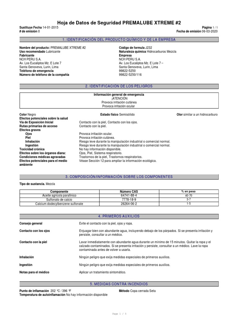 Hoja de Seguridad Grasa Premalube Xtreme 2 PDF Agua Ciencias