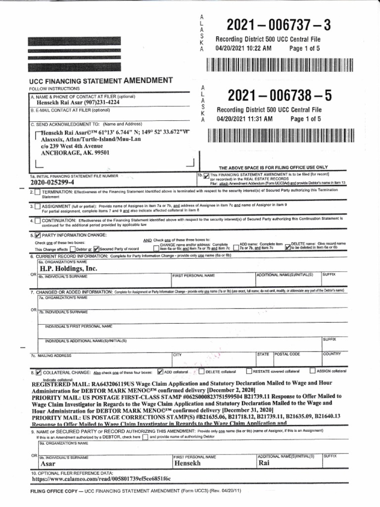 UCC Financing Statement Amendment 2021 | PDF | Mail | Postal System