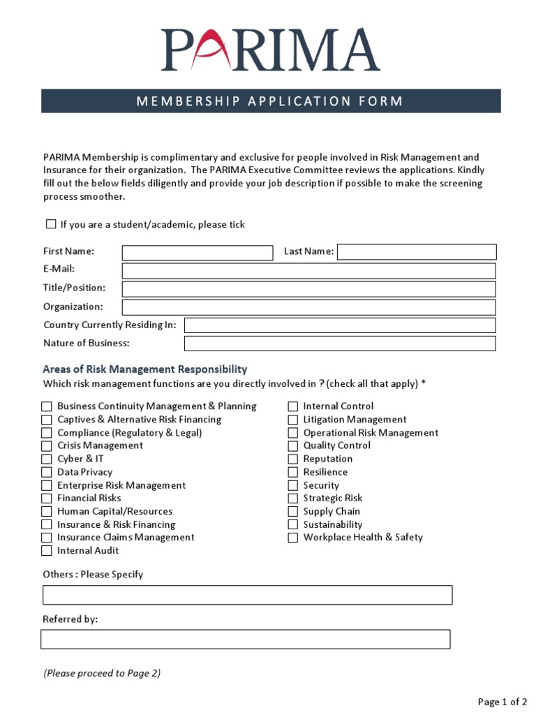 PARIMA Risk Management Membership Form | PDF | Risk Management | Risk