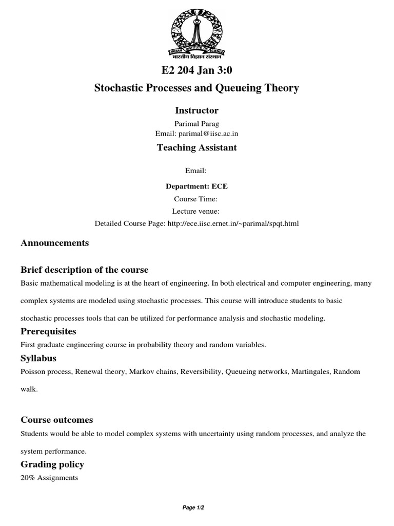 E2 204 Jan 3:0 Stochastic Processes and Queueing Theory: Instructor | PDF