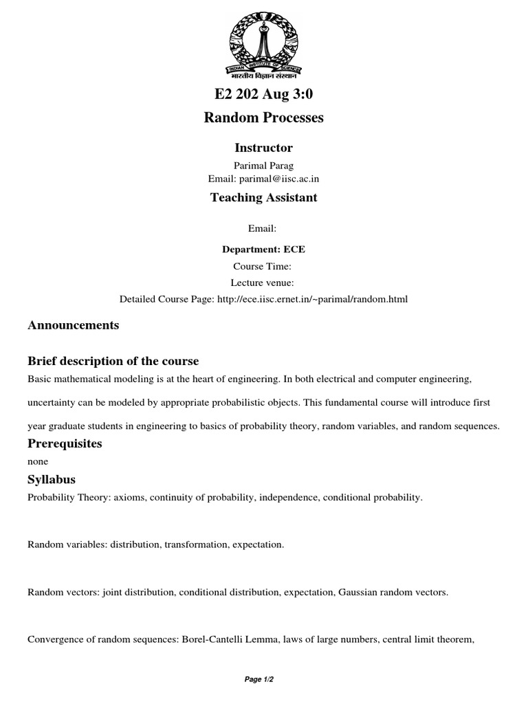 E2 202 Aug 3:0 Random Processes: Instructor | PDF