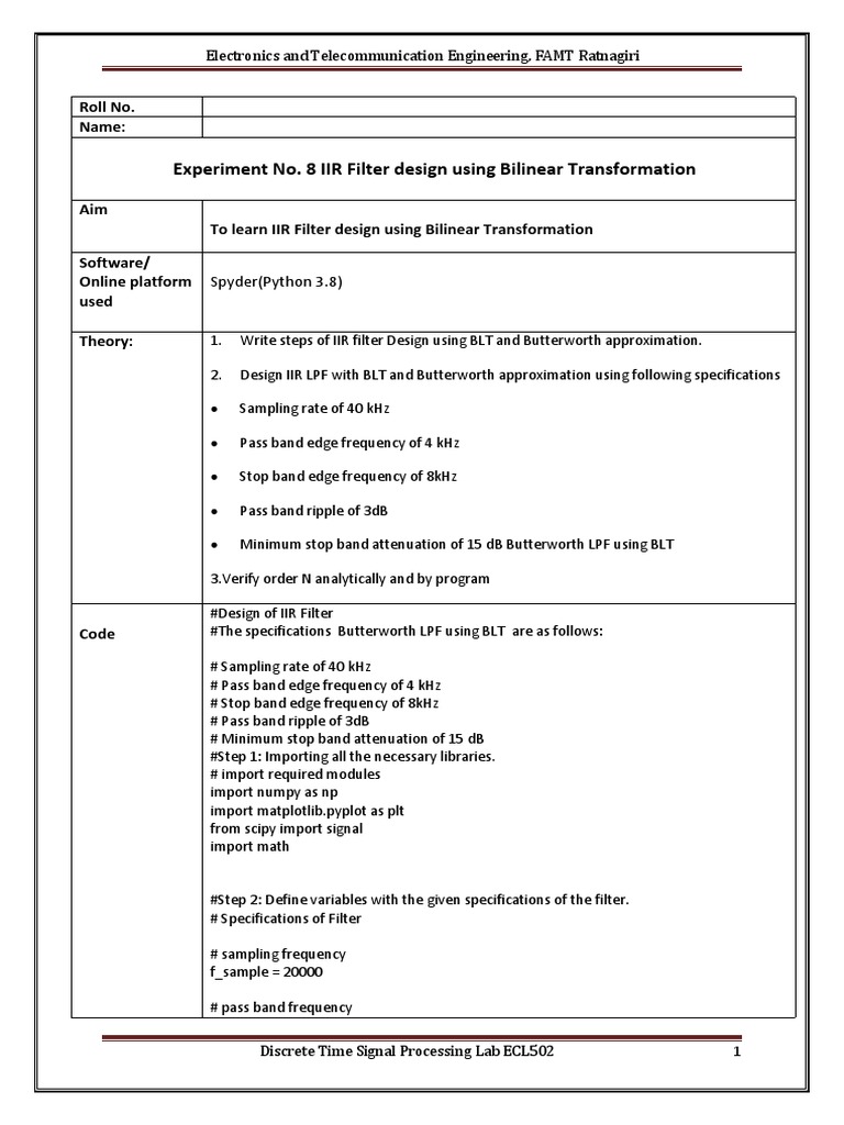 IIR Filter Design with Bilinear Transformation | PDF | Filter (Signal ...