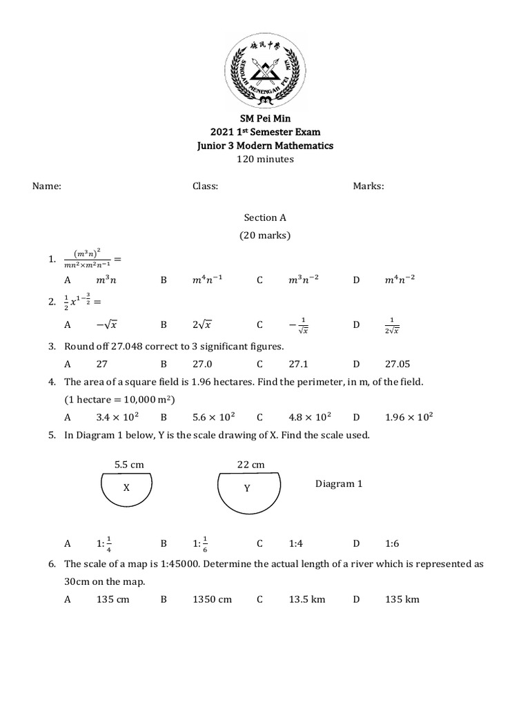 SM Pei Min 2021 1 Semester Exam Junior 3 Modern Mathematics | PDF ...