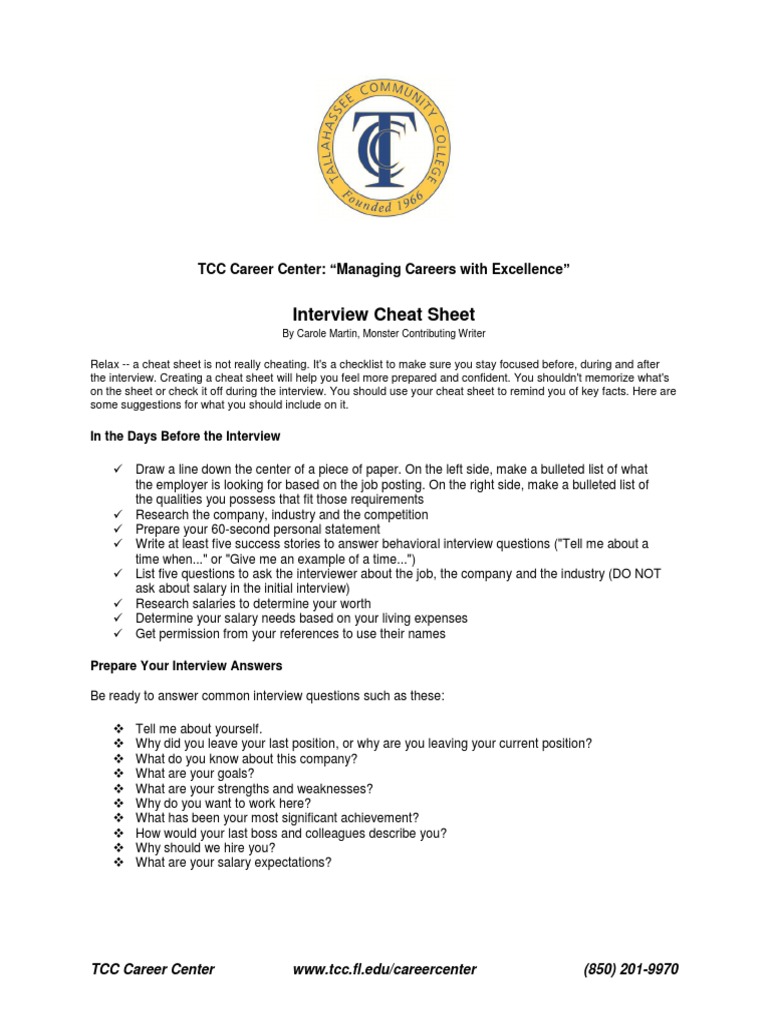Interview Cheat Sheet: TCC Career Center: "Managing Careers With ...