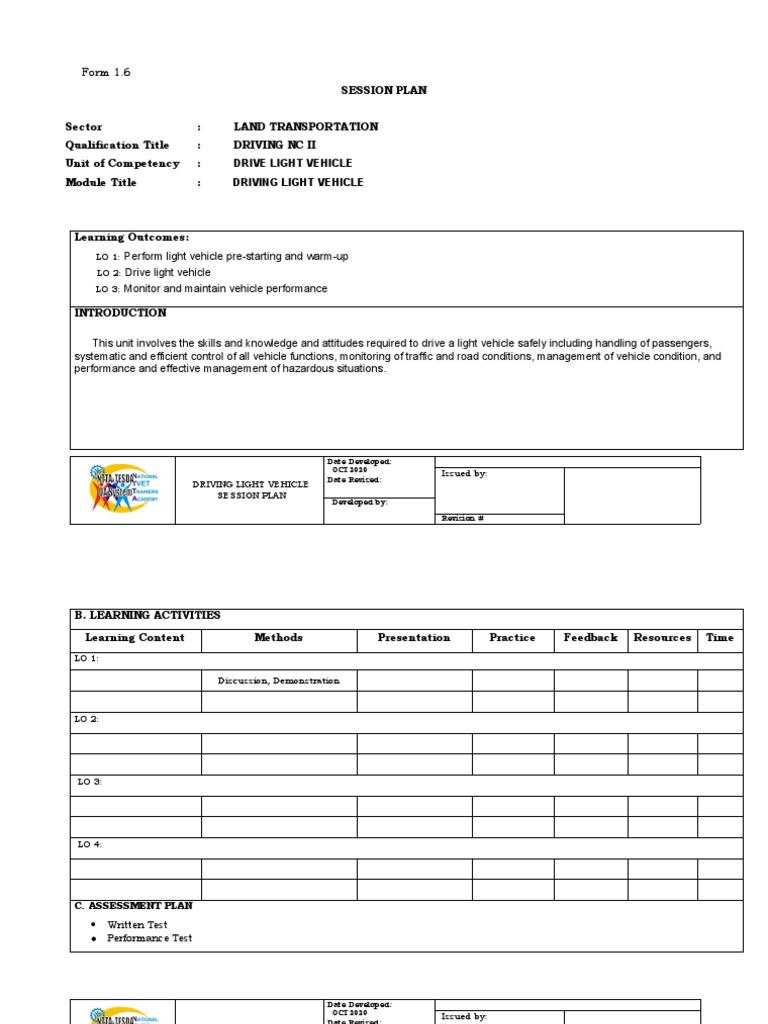 Session Plan Sector: Land Transportation Qualification Title: Driving ...