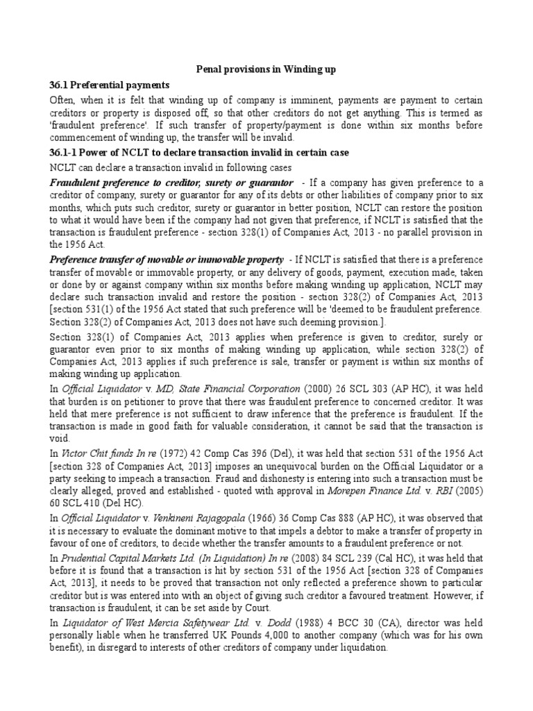 Penal Provisions in Winding Up 36.1 Preferential Payments | PDF ...
