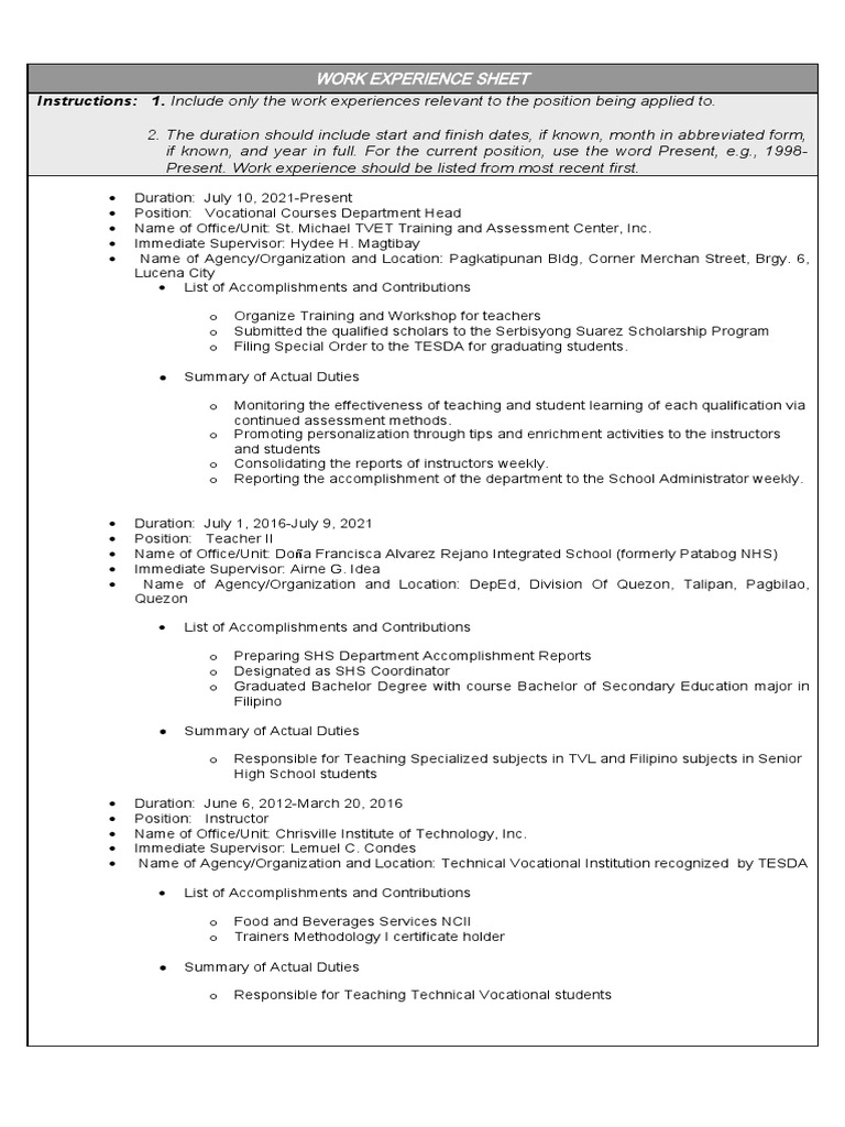 Teacher Work Experience Sheet Sample | PDF | Teachers | Vocational ...
