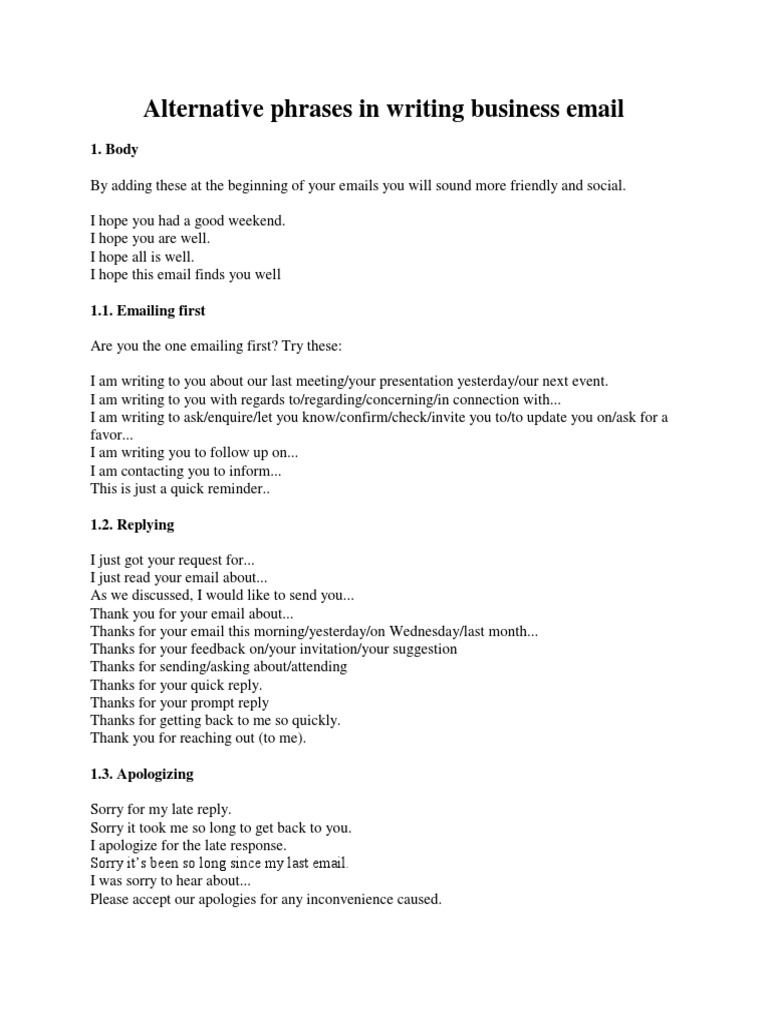Alternative Phrases in Writing Business Email | PDF