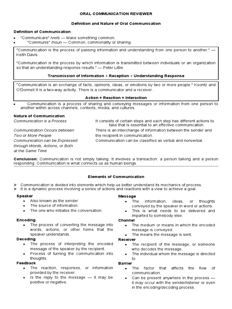 Oral Communication Midterm Reviewer PDF Communication Information