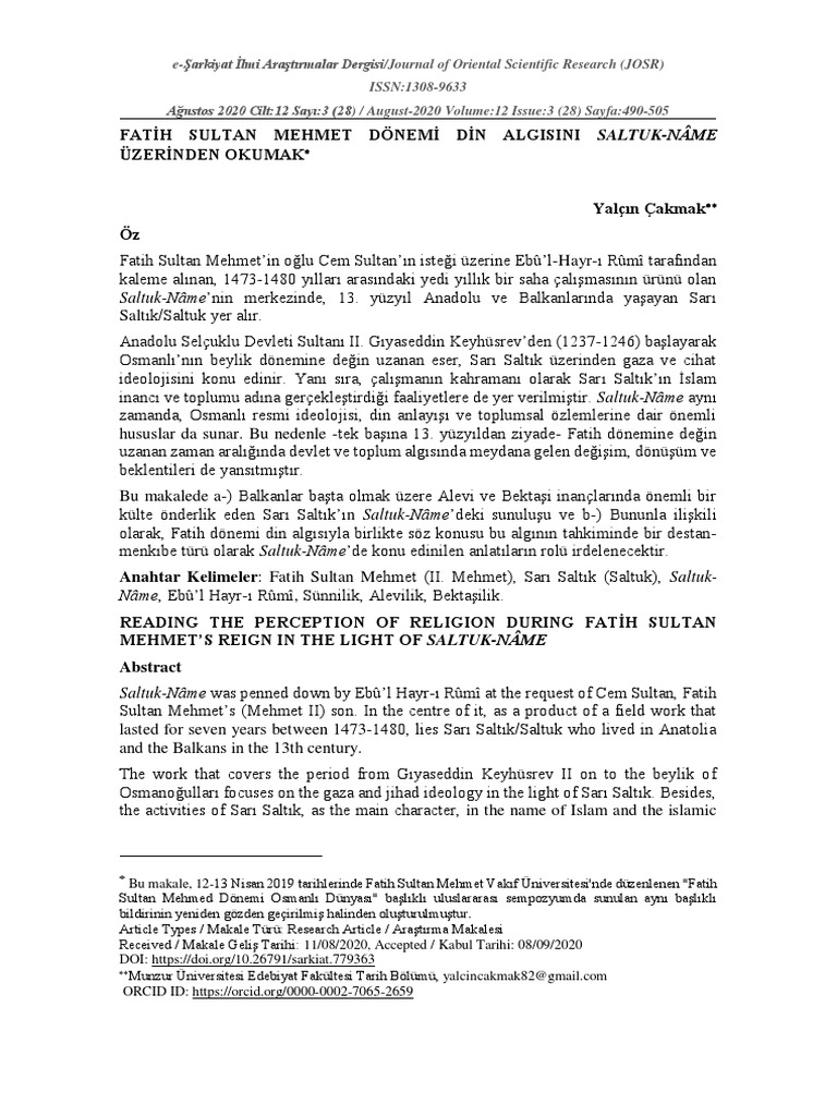 Fatih Sultan Mehmet Donemi Din Algisini Pdf